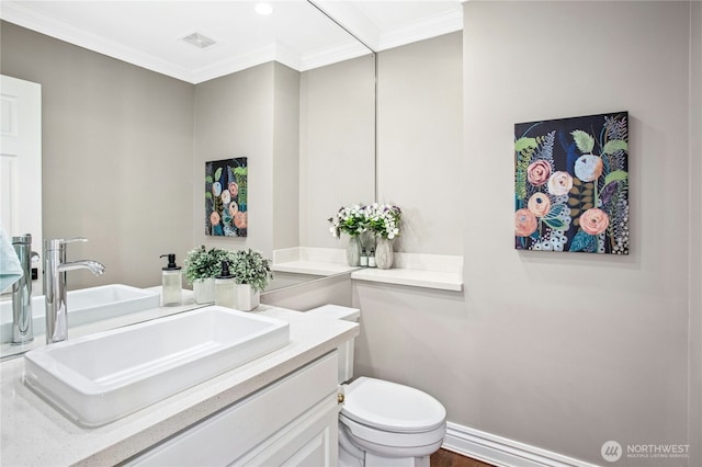 8150 Evergreen Ln, Mercer Island, WA 98040 - half bathroom featuring crown molding, vanity, and toilet