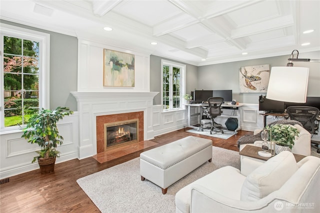 8150 Evergreen Ln, Mercer Island, WA 98040 - living room featuring wood finished floors, a decorative wall, an office area, coffered ceiling, and beamed ceiling