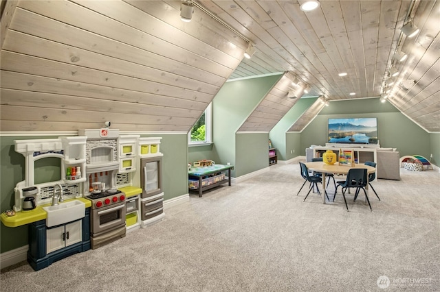 8150 Evergreen Ln, Mercer Island, WA 98040 - rec room with a sink, carpet floors, wood ceiling, baseboards, and lofted ceiling