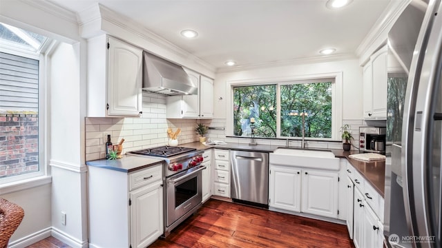4017 239th Pl SE, Sammamish, WA 98029 - kitchen featuring appliances with stainless steel finishes, wall chimney exhaust hood, a sink, dark wood-type flooring, and white cabinetry