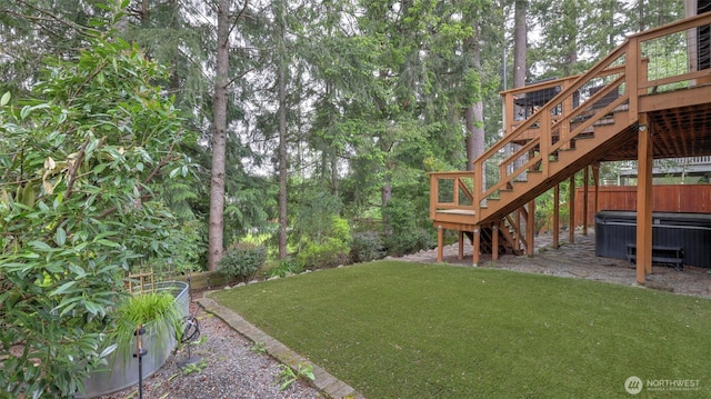 4017 239th Pl SE, Sammamish, WA 98029 - view of yard featuring a hot tub, stairs, and a deck
