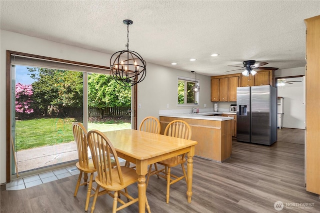 4621 Village Cir SE, Olympia, WA 98501 - dining area featuring recessed lighting, a textured ceiling, a chandelier, wood finished floors, and ceiling fan