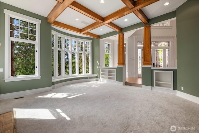 4155 212th Way SE, Sammamish, WA 98075 - carpeted spare room with decorative columns, coffered ceiling, healthy amount of natural light, baseboards, and beamed ceiling