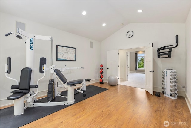 4155 212th Way SE, Sammamish, WA 98075 - workout area featuring lofted ceiling, wood finished floors, recessed lighting, and baseboards