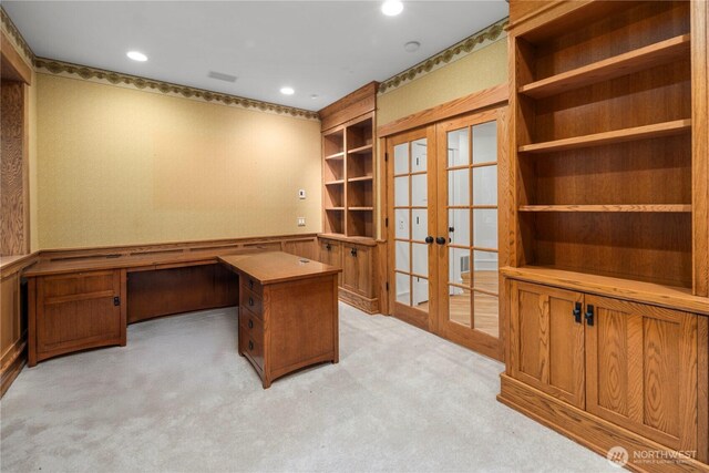 4155 212th Way SE, Sammamish, WA 98075 - unfurnished office with french doors, light colored carpet, built in study area, and recessed lighting