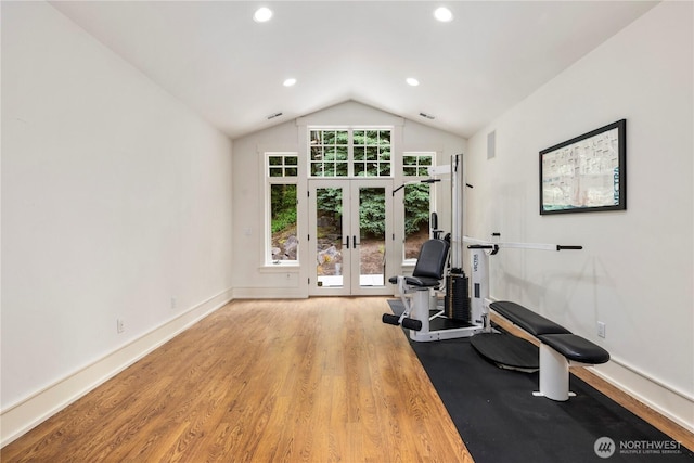 4155 212th Way SE, Sammamish, WA 98075 - workout room featuring french doors, vaulted ceiling, wood finished floors, recessed lighting, and baseboards