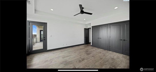 3312 Bing St, West Richland, WA 99353 - unfurnished bedroom featuring light wood-type flooring, recessed lighting, a ceiling fan, and baseboards