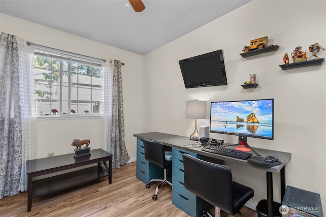 office with wood finished floors and a ceiling fan