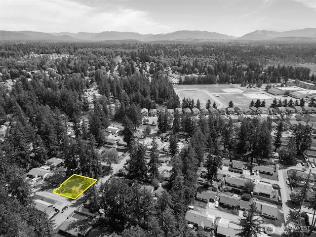 aerial view of property and surrounding area featuring a mountainous background, property boundaries highlighted, and a forest