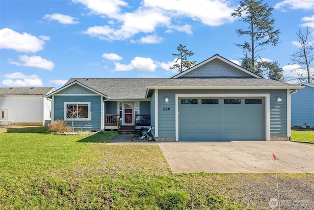 626 Duck Lake Dr SE, Ocean Shores, WA 98569 - ranch-style house with driveway, a front lawn, a garage, roof with shingles, and covered porch