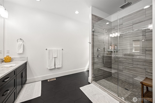 9402 72nd Ave E, Puyallup, WA 98371 - full bath with tile patterned floors, baseboards, vanity, a stall shower, and recessed lighting