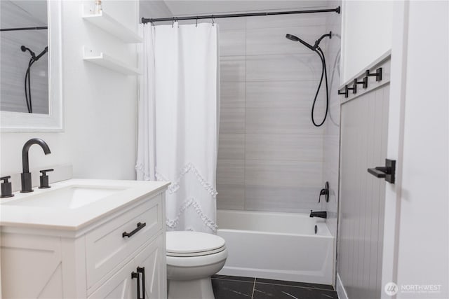 21833 127th Ave SE, Snohomish, WA 98296 - bathroom featuring vanity, shower / bath combination with curtain, toilet, and tile patterned floors