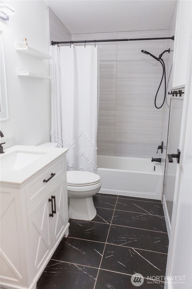 21833 127th Ave SE, Snohomish, WA 98296 - full bath featuring vanity, shower / bathtub combination with curtain, toilet, and marble look tile flooring