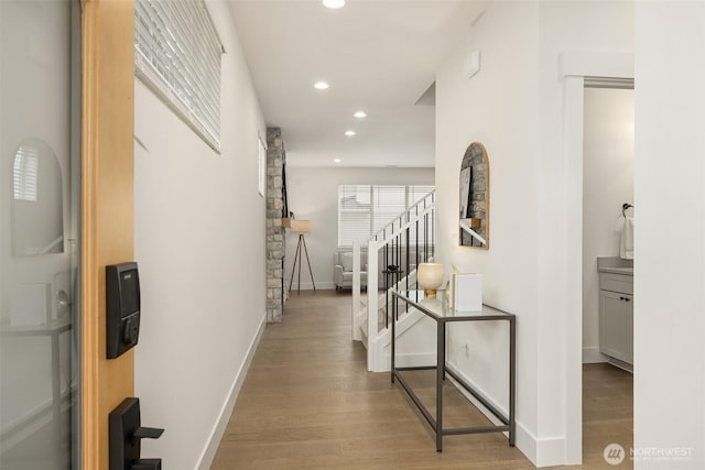 8008 222nd St SW, Edmonds, WA 98026 - hall featuring stairway, recessed lighting, wood finished floors, and baseboards