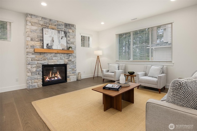 8008 222nd St SW, Edmonds, WA 98026 - living area featuring wood finished floors, a fireplace, plenty of natural light, recessed lighting, and baseboards
