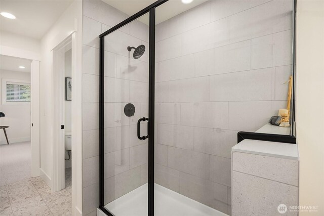 8008 222nd St SW, Edmonds, WA 98026 - full bath featuring a stall shower, recessed lighting, and toilet