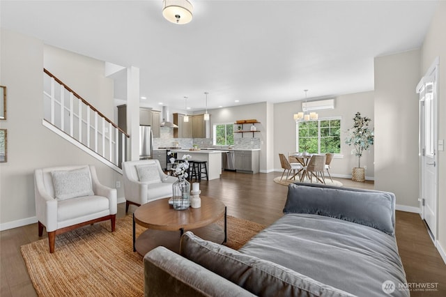 704 Springside Ln, Bellingham, WA 98226 - living room featuring dark wood-type flooring, stairway, a chandelier, and recessed lighting