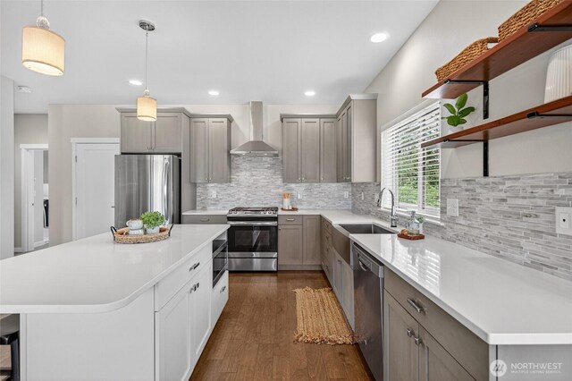 704 Springside Ln, Bellingham, WA 98226 - kitchen with wall chimney range hood, appliances with stainless steel finishes, open shelves, dark wood finished floors, and gray cabinetry