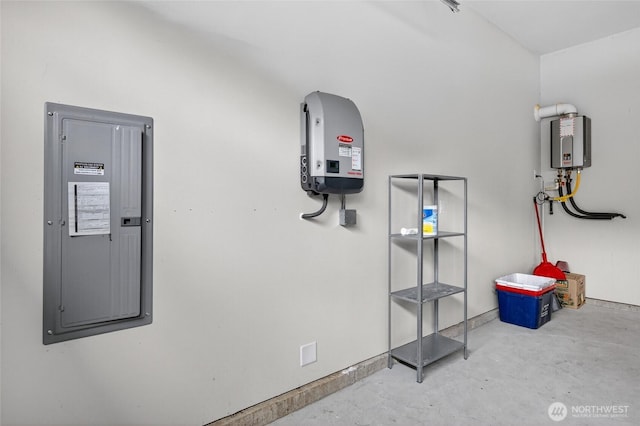 704 Springside Ln, Bellingham, WA 98226 - detailed view of electric panel, unfinished concrete floors, and water heater