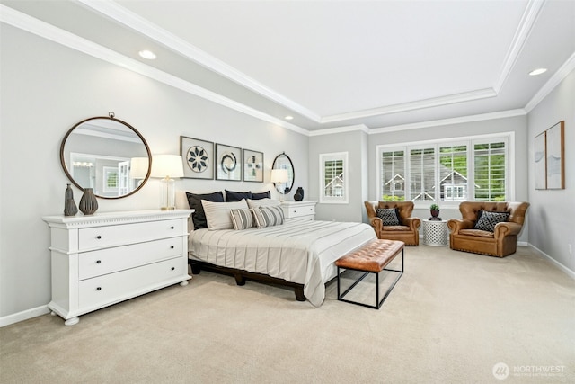 26817 SE 9th Way, Sammamish, WA 98075 - bedroom with a tray ceiling, light colored carpet, crown molding, baseboards, and recessed lighting