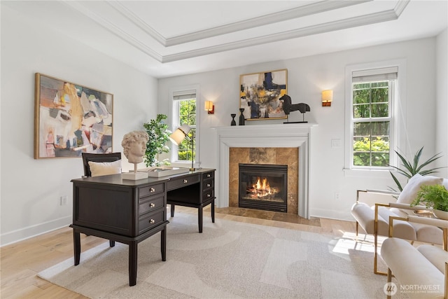 22309 1st Dr SE, Bothell, WA 98021 - office area with a tray ceiling, crown molding, a high end fireplace, light wood finished floors, and baseboards