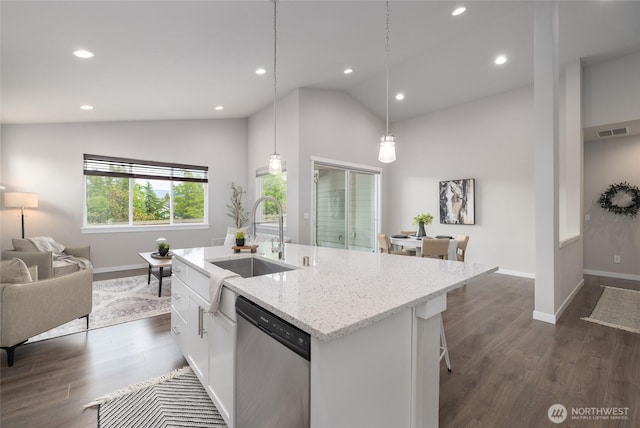 kitchen featuring stainless steel dishwasher, a sink, vaulted ceiling, open floor plan, and dark wood-style flooring