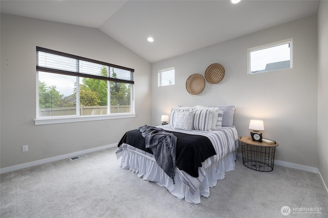 bedroom featuring baseboards, recessed lighting, lofted ceiling, and carpet