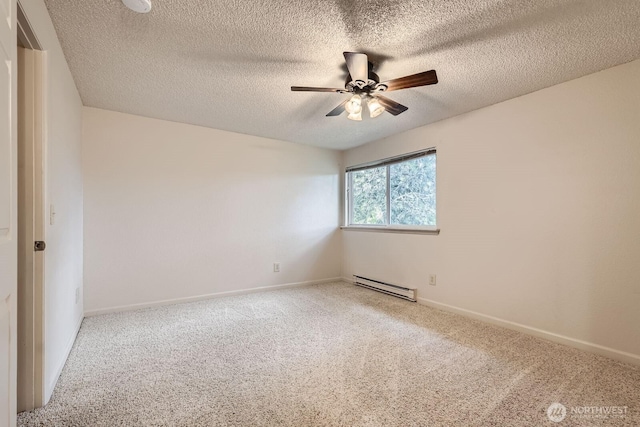 23723 12th Pl S Unit 2005, Des Moines, WA 98198 - unfurnished room with a baseboard radiator, ceiling fan, a textured ceiling, carpet, and baseboards