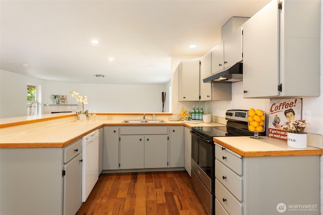 kitchen with electric stove, under cabinet range hood, a sink, dishwasher, and dark wood-type flooring