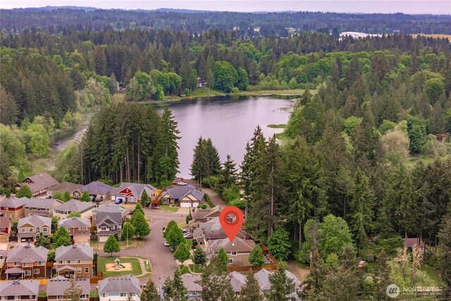 6503 Wrangler Dr SE, Tumwater, WA 98501 - aerial perspective of suburban area with a forest and a nearby body of water