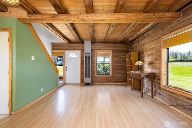 unfurnished living room featuring wood finished floors, beamed ceiling, and wood ceiling