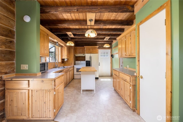 kitchen featuring white range with electric cooktop, a sink, wooden ceiling, under cabinet range hood, and beamed ceiling