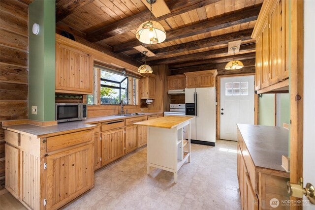 kitchen featuring white appliances, wooden ceiling, wood counters, a sink, and under cabinet range hood