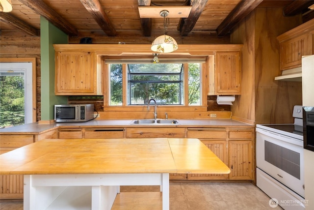kitchen with stainless steel microwave, white electric range, a sink, wooden ceiling, and beamed ceiling