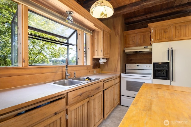 kitchen with white electric stove, under cabinet range hood, a sink, refrigerator with ice dispenser, and butcher block counters