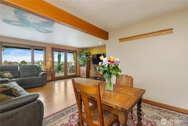 4808 38th Ave SW, Seattle, WA 98126 - dining space with beamed ceiling, light wood-style flooring, and recessed lighting