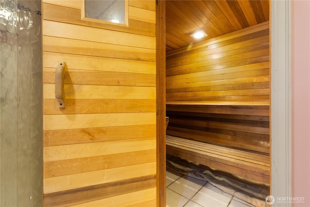 4808 38th Ave SW, Seattle, WA 98126 - sauna / steam room featuring wooden walls, tile patterned floors, and wooden ceiling