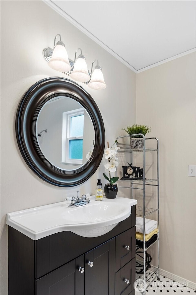 17910 Spruce Way, Lynnwood, WA 98037 - bathroom with crown molding, vanity, and baseboards