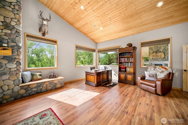 2720 NW Cascade Ave, East Wenatchee, WA 98802 - office space featuring light wood finished floors, baseboards, wood ceiling, high vaulted ceiling, and recessed lighting
