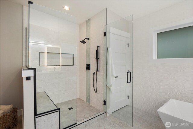 16250 SE Lake Moneysmith, Auburn, WA 98092 - bathroom featuring an enclosed shower, a soaking tub, tile patterned floors, and recessed lighting