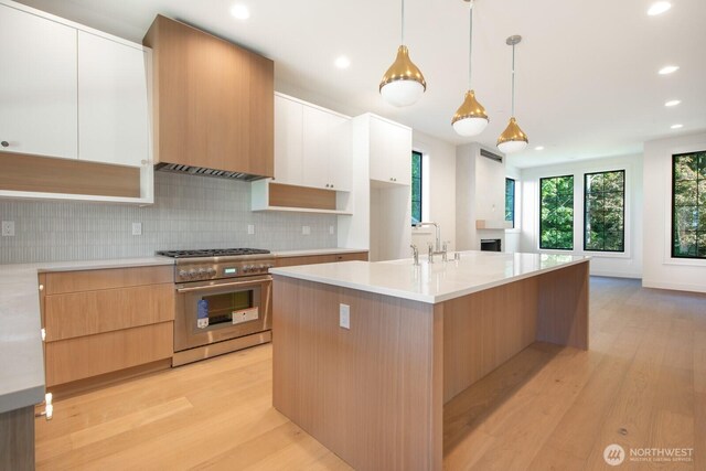 706 N 59th St, Seattle, WA 98103 - kitchen with high end stove, modern cabinets, light wood-style floors, light countertops, and recessed lighting
