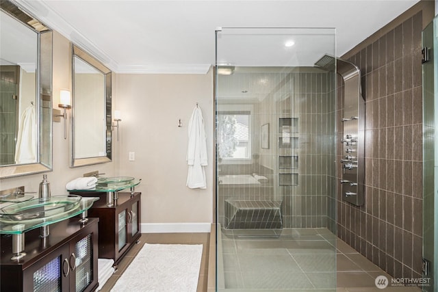 2815 211th Ave E, Lake Tapps, WA 98391 - full bath with a shower stall, vanity, tile patterned floors, and crown molding