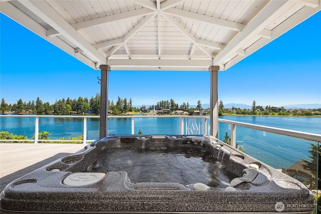 2815 211th Ave E, Lake Tapps, WA 98391 - view of patio / terrace with a water view, a hot tub, and a gazebo