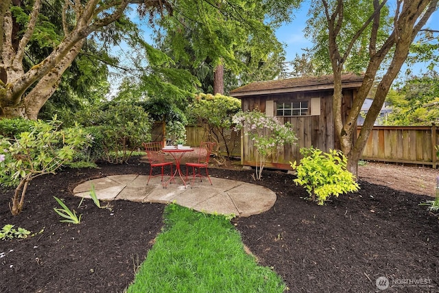 fenced backyard with a patio area, an outdoor structure, and a storage shed