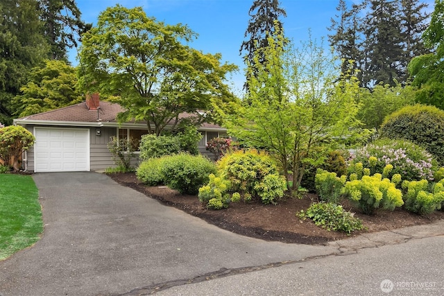 view of front of house with a garage, driveway, and a chimney