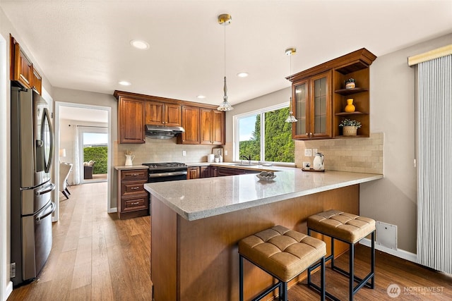 kitchen with appliances with stainless steel finishes, a peninsula, under cabinet range hood, dark wood-type flooring, and recessed lighting