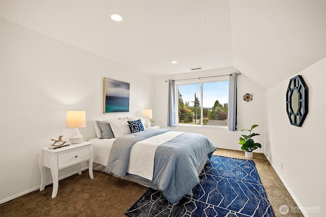 carpeted bedroom featuring baseboards, recessed lighting, and lofted ceiling