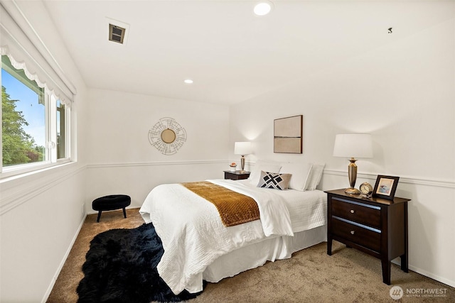 bedroom featuring carpet, baseboards, and recessed lighting