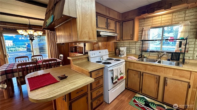 169 Twin Lakes Dr, Winthrop, WA 98862 - kitchen featuring white range with electric stovetop, under cabinet range hood, a sink, light countertops, and a chandelier