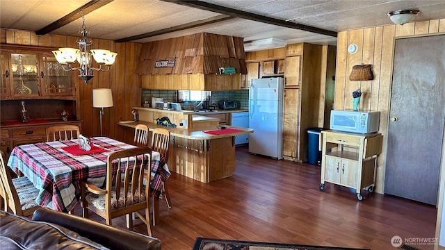 169 Twin Lakes Dr, Winthrop, WA 98862 - dining room featuring a chandelier, wooden walls, dark wood-style floors, and beamed ceiling